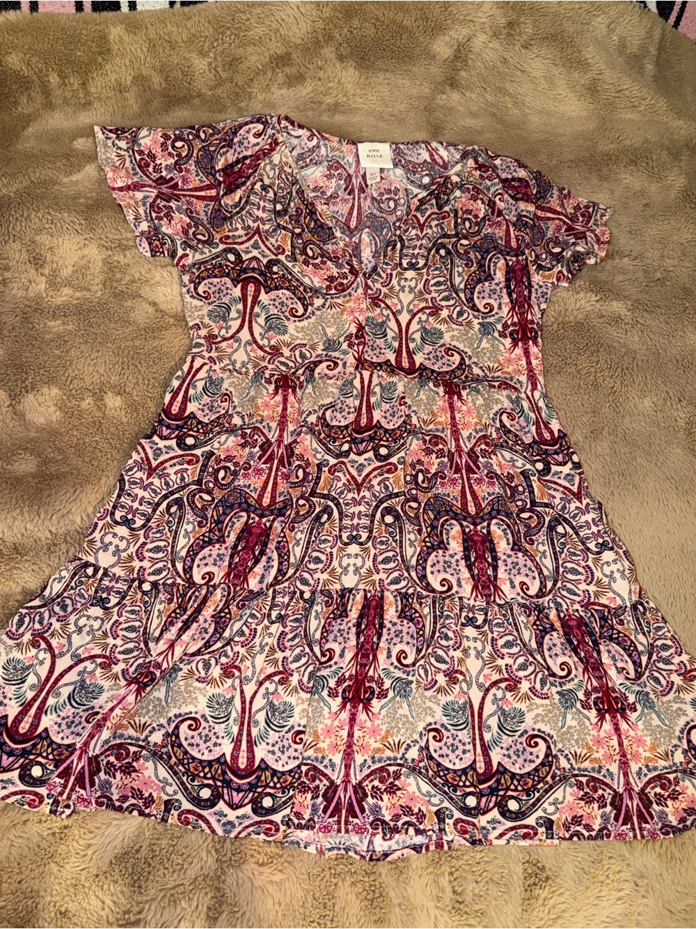 Knox Rose Paisley Floral V-Neck Dress in Pink, Blue & Cream